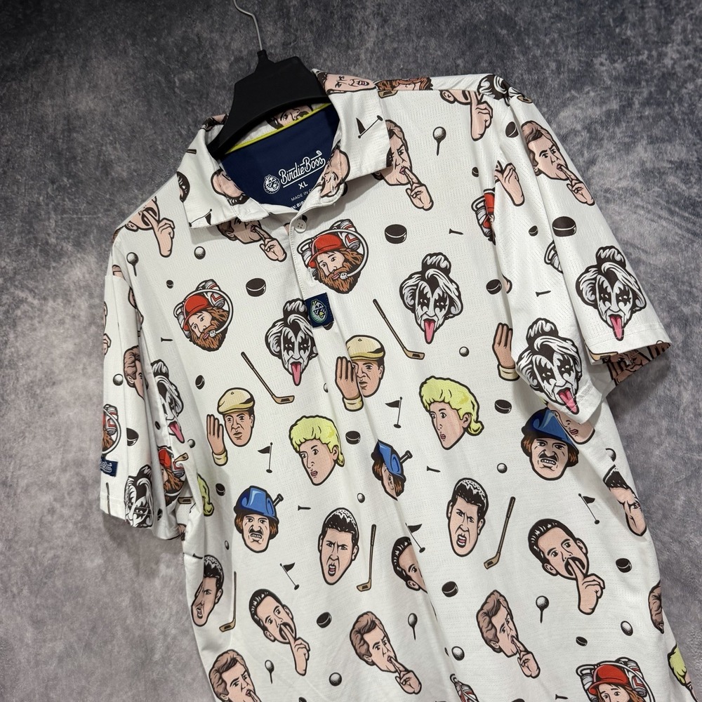 Birdie Boss Mens XL Golf Polo Happy Gilmore Ozzie Theme All Over Print Stretch